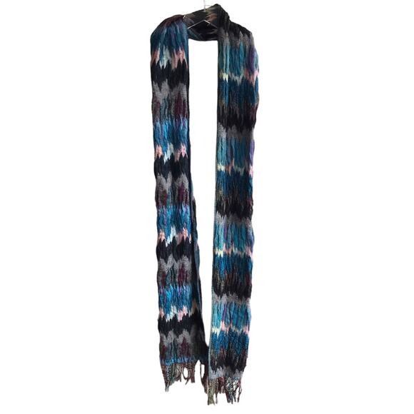 Blue Zig Zag Knit Scarf Fringed Marled Rectangular Wrap - Picture 5 of 14